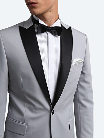 Açık Gri Slim Fit Kelebek Yaka Dokuma Smokin Takım Elbise