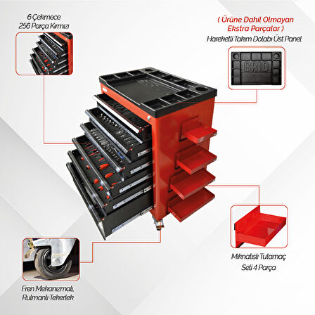 Brio Hareketli Tekerlekli Takım Dolabı Takım Arabası 6 Çekmeceli Kilitli Xl 256 Parça Kırmızı Dolu