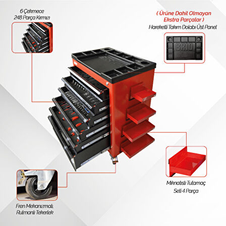 Brio Hareketli Tekerlekli Takım Dolabı Takım Arabası 6 Çekmeceli Kilitli Pro Plus 248 Parça Kırmızı Dolu