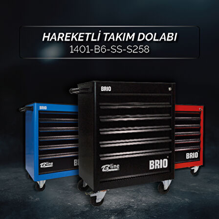 Brio Hareketli Tekerlekli Takım Dolabı Takım Arabası 6 Çekmeceli Kilitli Pro SS 258 Parça Siyah Dolu