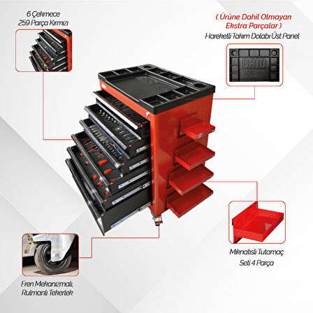 Brio Hareketli Tekerlekli Takım Dolabı Takım Arabası 6 Çekmeceli Kilitli Bline 259 Parça Kırmızı İçi Dolu