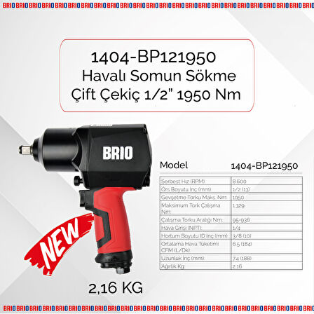 Brio Havalı Somun Sökme 1/2 1950 Nm Çift Çekiç 2,16 Kg