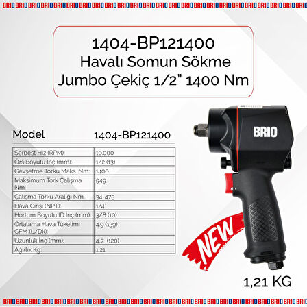 Brio Havalı Somun Sökme 1/2 1400 Nm Jumbo Çekiç 1,21 Kg