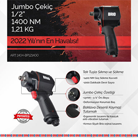 Brio Havalı Somun Sökme 1/2 1400 Nm Jumbo Çekiç 1,21 Kg