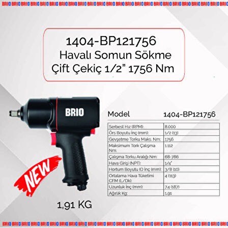 Brio Havalı Somun Sökme 1/2 1756 Nm Çift Çekiç 1,91 Kg