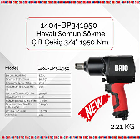 Brio Havalı Somun Sökme 3/4'' 1950 Nm Çift Çekiç 2,21 Kg