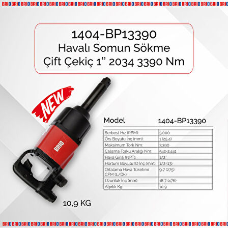 Brio Havalı Somun Sökme 1'' 3390 Nm Çift Çekiç 10,9 Kg