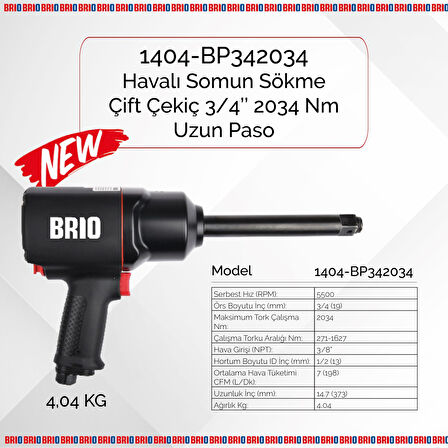 Brio Havalı Somun Sökme 3/4'' Uzun Paso 2034 Nm Çift Çekiç 4,04 Kg