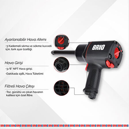 Brio Havalı Somun Sökme 3/4'' Uzun Paso 2034 Nm Çift Çekiç 4,04 Kg