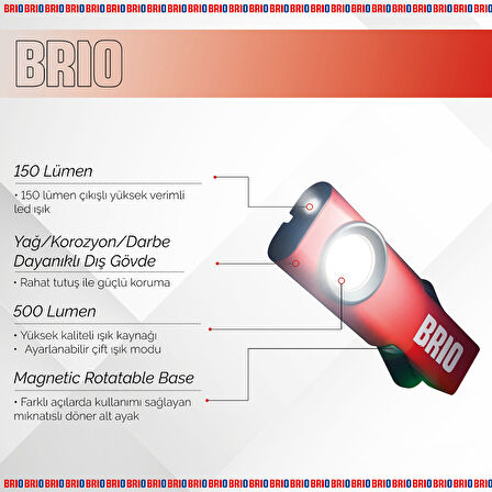 Brio Usb Şarjlı, Mıknatıslı, Askılı, Led Fener, Led Lamba 500 Lümen Tamirci Feneri