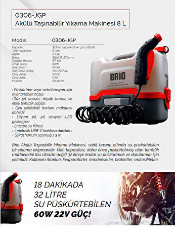 AKÜLÜ TAŞINABİLİR YIKAMA MAKİNASI JETGUN PRO 8 L