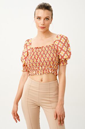 Ekol Kadın Desenli Crop Bluz 6053014 Mango