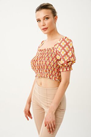 Ekol Kadın Desenli Crop Bluz 6053014 Mango