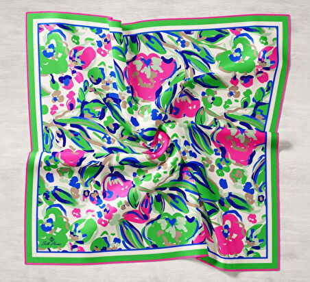 Silk Home Yeşil-Saks Mavi Desenli Tivil İpek Eşarp IST11405-22