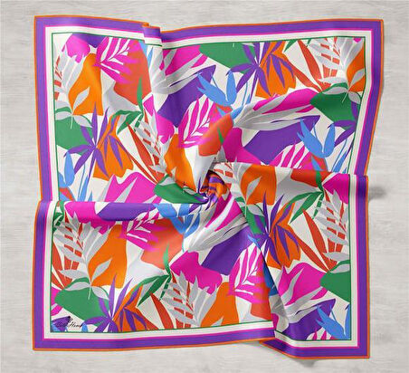 Silk Home Turuncu-Mor Yaprak Desen Tivil İpek Eşarp IST11406-48