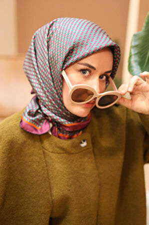 Silk Home Mürdüm-Yeşil Geometrik Desenli Tivil İpek Eşarp IST11421-46