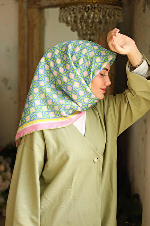  Silk Home Pembe Fıstık Yeşili Karma Desen Tivil İpek Eşarp IST11424-70