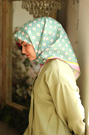  Silk Home Pembe Fıstık Yeşili Karma Desen Tivil İpek Eşarp IST11424-70