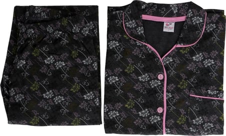 3nbe Kadın Pijama Takımı Siyah XL Pamuklu Uzun Kollu Düğmeli Çiçekli Yapraklı