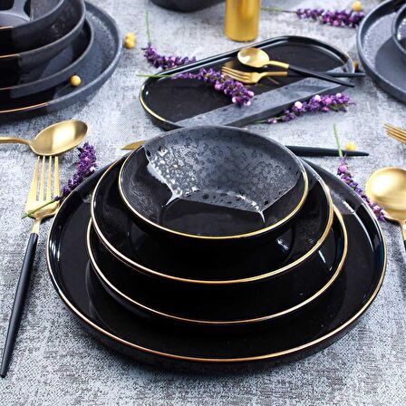 Acar Royal Black 27 Parça 6 Kişilik Modern Yuvarlak Stoneware Yemek Takımı 