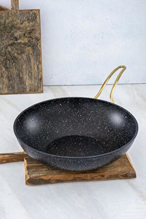 Acar Nostalji Döküm Granit Gold Kulplu 28 Cm Siyah WOK Tava 0306