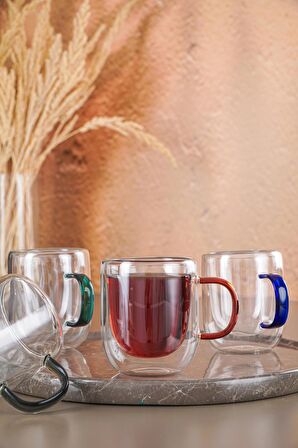 Acar Çift Cidarlı 4 lü Renkli Cam Kupa - 190 ml