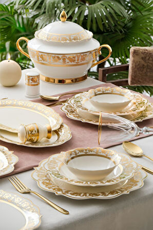 Caroline Bone China Emboss 60 Parça 12 Kişilik Gold Porselen Yemek Takımı