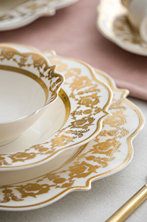 Caroline Bone China Emboss 60 Parça 12 Kişilik Gold Porselen Yemek Takımı