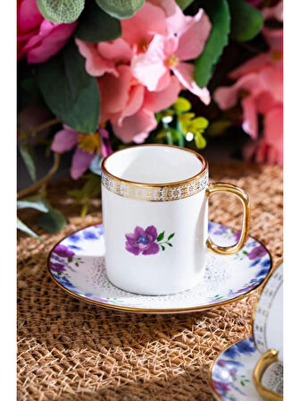 Acar KAI6901 Mor Çiçek Desenli Gold Detaylı Beyaz Porselen Kahve Seti 2'li