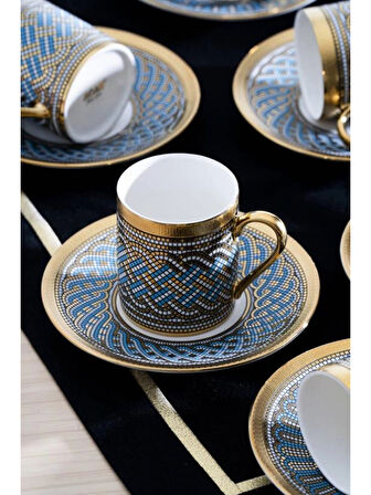 Acar HXF8435 Gold-Mavi Desenli Porselen Kahve Seti 6'lı