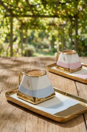 Acar Aspen Renkli Gold Yaldız Ikram Tabaklı 6 Kişilik 90 ml Porselen Kahve Fincanı Takımı 0224