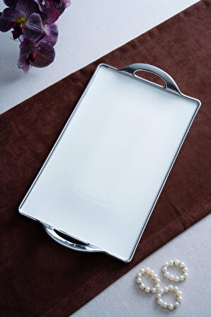 Arven Dikdörtgen Silver Sunum Tepsi - 45 cm