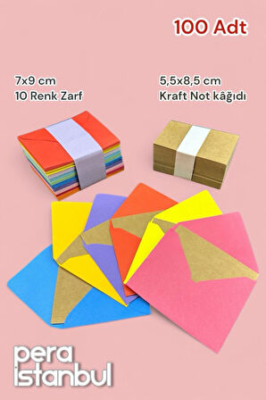 100 Adet Mini Zarf 70mmx90mm 10 Renk Zarf Hediye Doğum Günü Dilekleri Zarfı Kraft Not Kartlı