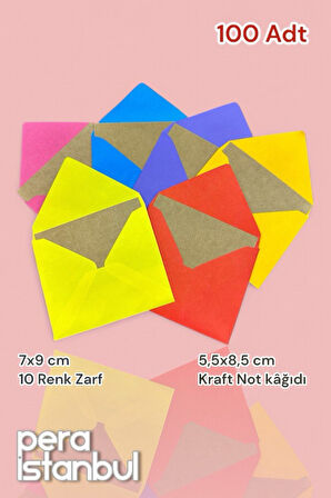 100 Adet Mini Zarf 70mmx90mm 10 Renk Zarf Hediye Doğum Günü Dilekleri Zarfı Kraft Not Kartlı