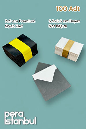 100 Adet Mini Zarf 70mmx90mm Siyah Zarf Hediye Doğum Günü Dilekleri Zarfı Beyaz Not Kartlı