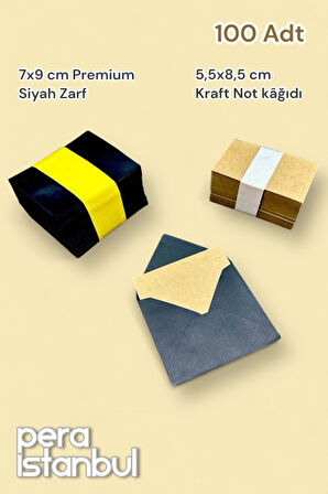 100 Adet Mini Zarf 70mmx90mm Siyah Zarf Hediye Doğum Günü Dilekleri Zarfı Kraft Not Kartlı