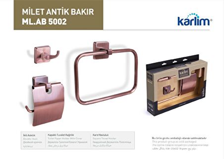 Karlim®Milet Serisi Antik Bronz Kaplama 3'lü Aksesuar Set (Kare Havluluk, İkili Askılık, Kapaklı Kağıtlık)