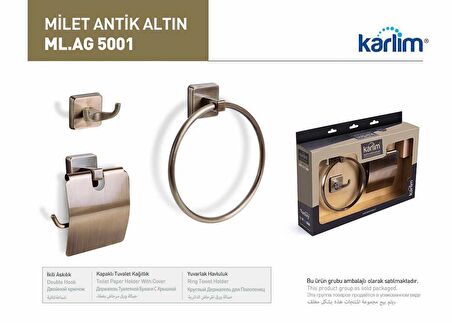 Karlim®Milet Serisi Antik Altın Kaplama 3'lü Aksesuar Set (Yuvarlak Havluluk, İkili Askılık, Kapaklı Kağıtlık)