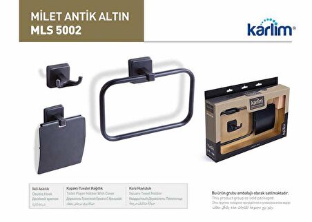 Karlim® Milet Serisi Gold Kaplama 3'lü Aksesuar Set ( Kare Havuluk - İkili Askılık - Kapaklı Kağıtlık 12 cm )