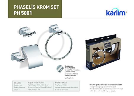 Karlim®Phaselis Serisi Krom Kaplama 3'lü Aksesuar Set (Yuvarlak Havluluk, İkili Askılık, Kapaklı Kağıtlık’12)