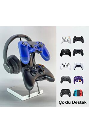 Beyaz Ahşap Ve Siyah Metal Gaming Ps4 Ps5 Xbox Joystick Kontroller Tutucu Ve Kulaklık Dikey Standı