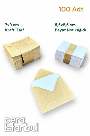 100 Adet Mini Zarf 70mmx90mm Kraft Zarf Hediye Doğum Günü Dilekleri Zarfı Beyaz Not Kartlı