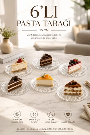 porsima tokyo 10788 6'lı desenli cam pasta & tatlı tabağı seti i̇kramlık 16 cm