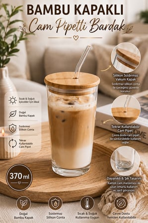 Porsima 12474 Bambu Kapaklı Cam Pipetli Sızdırmaz Silikon Contalı Sıcak Soğuk İçecek Bardağı 370ml