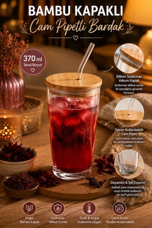 Porsima 12474 Bambu Kapaklı Cam Pipetli Sızdırmaz Silikon Contalı Sıcak Soğuk İçecek Bardağı 370ml