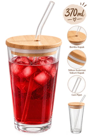 Porsima 12474 Bambu Kapaklı Cam Pipetli Sızdırmaz Silikon Contalı Sıcak Soğuk İçecek Bardağı 370ml