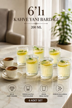 Porsima Berrak 13938 6'lı Çizgili Cam Kahve Yanı Su & Meşrubat Bardak Seti 200 ml