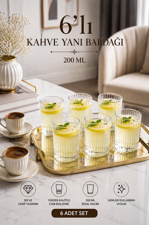 Porsima Berrak 13938 6'lı Çizgili Cam Kahve Yanı Su & Meşrubat Bardak Seti 200 ml
