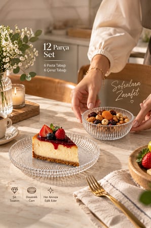Porsima 13917 Aren Aurora 6 Kişilik 12 Parça Cam Sunum Takımı - Pasta Tabağı & Çerezlik Kase