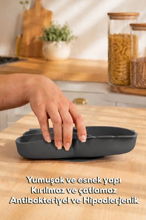 Porsima MYS34005 Silikon 3 Bölmeli Kaymaz Bebek Mama Tabağı Antrasit 14*21cm